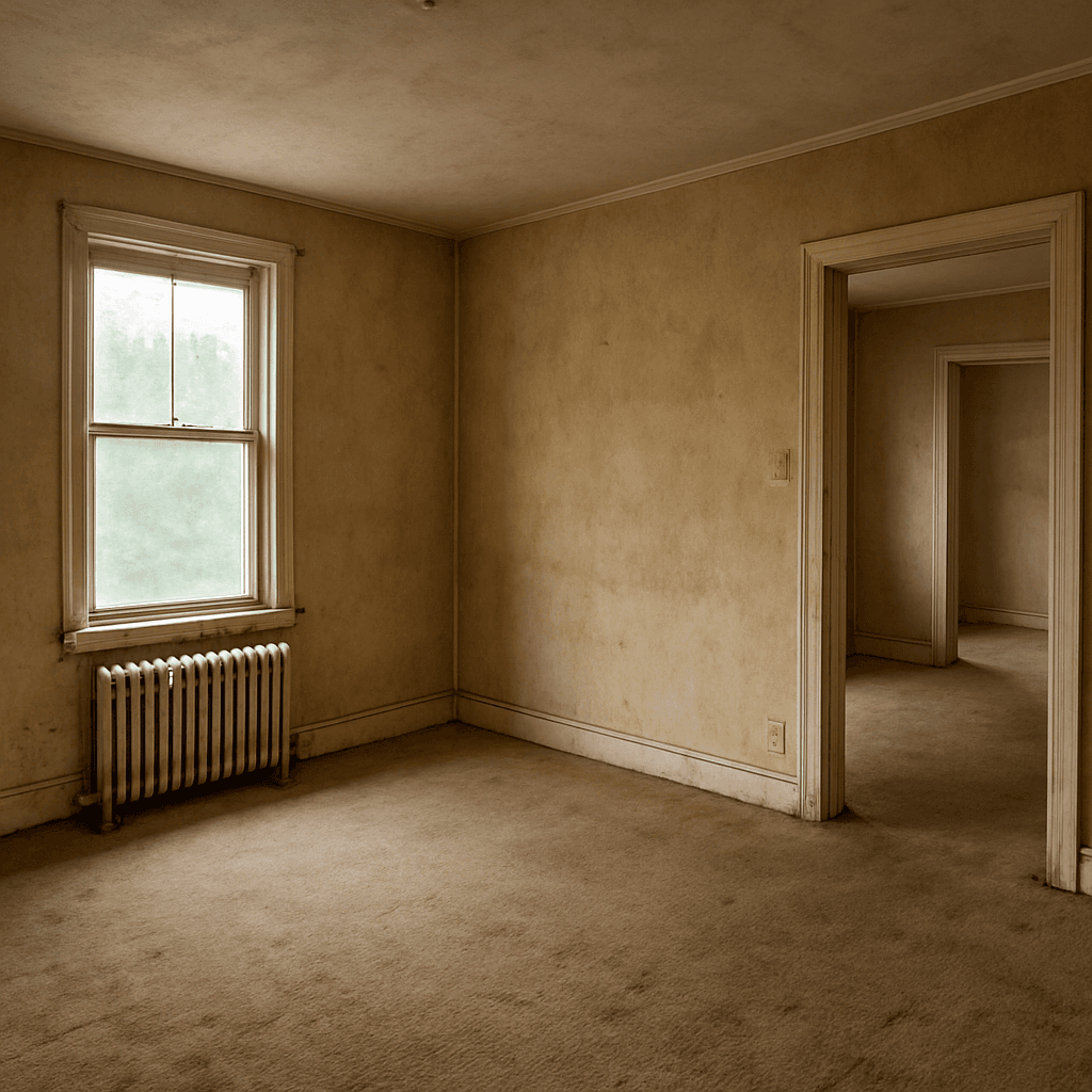 Vorher - Vorher / Nachher Vergleich der Malarbeiten im Wohnzimmer.Wände und Decken wurden neu gestrichen und die Farbe weiß gestrichen.